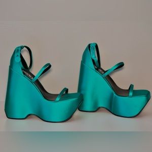 Versace 3 Strap Satin Turquoise Platform Wedge Sandals